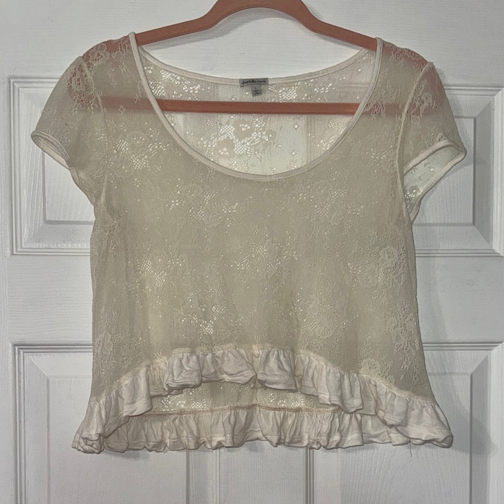 White Sheer Lace Ruffle Cropped Tshirt